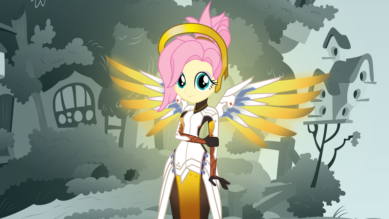 Size: 3840x2160 | Tagged: safe, artist:beavernator, derpibooru import, fluttershy, equestria girls, armor, crossover, fluttershy's cottage, looking at you, mercy, mercyshy, overwatch, smiling, solo