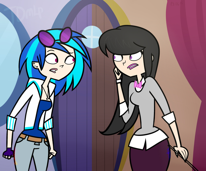Size: 2551x2125 | Tagged: artist:katedoof, bow (instrument), bowtie, clothes, derpibooru import, ear piercing, earring, fingerless gloves, gloves, human, humanized, jewelry, necklace, octavia melody, piercing, safe, slice of life (episode), style emulation, total drama, total drama island, vinyl scratch