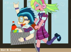 Size: 3543x2562 | Tagged: safe, artist:rainbowyoshi305, derpibooru import, indigo zap, lemon zest, equestria girls, friendship games, devil horn (gesture), female, goggles, happy, headphones, lemonzap, lesbian, open mouth, shipping, shopping cart, tongue out