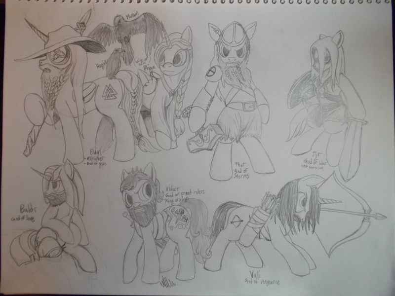 Size: 4288x3216 | Tagged: safe, artist:scribblepwn3, derpibooru import, ponified, alicorn, bird, earth pony, pony, raven (bird), unicorn, baldr, beard, braided tail, crossover, facial hair, frigga, gungnir, hammer, hugin, mjölnir, munin, norse mythology, odin, pencil drawing, rule 85, thor, traditional art, tyr, vali, valknut, vidarr, viking gods, viking pony, war hammer