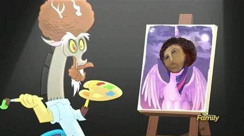 Size: 502x279 | Tagged: bob ross, botched ecce homo, derpibooru import, discord, discord's painting, draconiross, ecce homo, exploitable meme, meme, safe, what about discord?