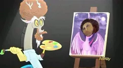 Size: 502x279 | Tagged: bob ross, botched ecce homo, derpibooru import, discord, discord's painting, draconiross, ecce homo, exploitable meme, meme, safe, what about discord?