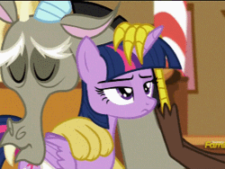 Size: 320x240 | Tagged: safe, derpibooru import, discord, twilight sparkle, twilight sparkle (alicorn), alicorn, pony, what about discord?, animated, boing, female, floppy horn, frown, horn, horn flick, mare, petting, scowl, unimpressed