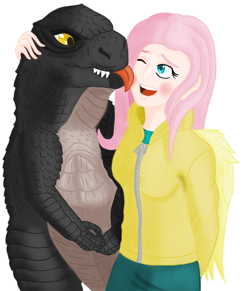 Size: 1548x1825 | Tagged: artist:johng117, derpibooru import, fluttershy, godzilla, godzilla (series), human, humanized, kaiju, safe, winged humanization, wings