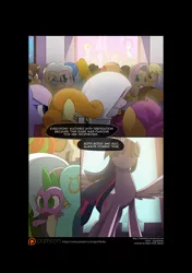 Size: 3541x5016 | Tagged: safe, artist:gashiboka, derpibooru import, applejack, big macintosh, caramel, carrot top, eclair créme, fluttershy, four step, golden harvest, jangles, lyra heartstrings, mayor mare, scootaloo, spike, twilight sparkle, twilight sparkle (alicorn), alicorn, dragon, earth pony, pegasus, pony, comic:recall the time of no return, comic, majestic, patreon, patreon logo