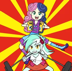 Size: 839x828 | Tagged: safe, artist:amida murasaki, derpibooru import, bon bon, lyra heartstrings, sweetie drops, all's fair in love and friendship games, equestria girls, friendship games, life is a runway, rainbow rocks, barbell, phone book, pixiv, weight lifting, yellow pages