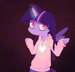 Size: 2800x2700 | Tagged: safe, artist:apony, derpibooru import, twilight sparkle, twilight sparkle (alicorn), alicorn, pony, semi-anthro, bipedal, clothes, gradient background, hoodie, magic, solo