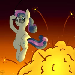 Size: 1800x1800 | Tagged: artist:notenoughapples, bon bon, cool guys don't look at explosions, derpibooru import, explosion, frown, rope, safe, secret agent sweetie drops, solo, sunglasses, sweetie drops, swinging