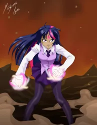 Size: 2466x3162 | Tagged: artist:shinta-girl, bindi, clothes, derpibooru import, fight, human, humanized, necktie, pantyhose, safe, scene interpretation, skirt, smiling, solo, super saiyan princess, twilight's kingdom, twilight sparkle, twilight vs tirek, vest