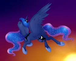 Size: 2000x1600 | Tagged: safe, artist:luna756, derpibooru import, princess luna, flying, solo, twilight (astronomy)