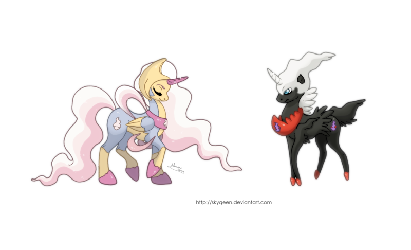 Size: 3900x2370 | Tagged: safe, artist:almairis, derpibooru import, ponified, cresselia, darkrai, pony, colored hooves, crossover, duo, female, long mane, male, mare, pokémon, ponymon, simple background, stallion, transparent background