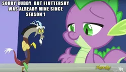 Size: 610x351 | Tagged: burn, caption, derpibooru import, discord, discovery family logo, female, fluttershy, flutterspike, image macro, implied flutterspike, implied shipping, implied straight, love triangle, male, meme, micro, safe, screencap, shipping, shrunk, spike, straight, text, what about discord?