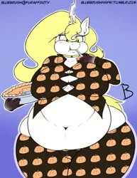 Size: 892x1155 | Tagged: anthro, artist:nekocrispy, belly, belly button, changeling, chubby, chunkling, derpibooru import, eating, fat, female, food, obese, oc, oc:aurora industry (ic), pie, puffy cheeks, pumpkin, solo, suggestive, unofficial characters only, white changeling, wide hips