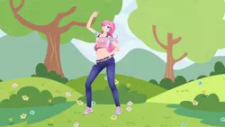 Size: 640x360 | Tagged: 3d, clothes, derpibooru import, devil horn (gesture), mmd, pinkie pie, pose, rock on, safe, short shirt, skinny jeans, solo