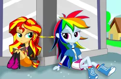 Size: 2000x1300 | Tagged: safe, artist:lovehtf421, derpibooru import, rainbow dash, sunset shimmer, equestria girls, :<, book, boots, clothes, courtyard, female, lesbian, looking at each other, shipping, shoes, sitting, sunsetdash
