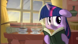 Size: 3001x1688 | Tagged: :>, artist:eagle1division, artist:stinkehund, book, chocolate, crepuscular rays, cup, cute, derpibooru import, floppy ears, food, golden oaks library, hot chocolate, looking at you, morning ponies, quill, reading, safe, scroll, sitting, smiling, solo, teacup, twiabetes, twilight sparkle, window