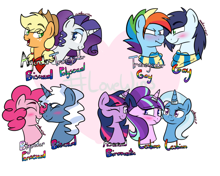 Size: 5000x4000 | Tagged: safe, artist:rarityforever, derpibooru import, applejack, pinkie pie, pokey pierce, rainbow dash, rarity, soarin', starlight glimmer, trixie, twilight sparkle, pony, agender, agender pride flag, alternate hairstyle, asexual, asexual pride flag, bi twi, bigender, bigender pride flag, bilight sparkle, biromantic, bisexual pride flag, blushing, clothes, female, female to male, gay, headcanon, horn, horn ring, lesbian, lgbt, lovewins, male, male to female, pansexual, pansexual pride flag, pokeypie, polyamory, polysexual, polysexual pride flag, pride, pride flag, rarijack, ring, rule 63, scarf, sexuality, sexuality headcanon, shipping, soarindash, startrix, straight, transgender, transgender pride flag, twistarlight, twixie, twixstar