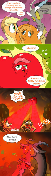 Size: 2481x8457 | Tagged: safe, artist:doublewbrothers, derpibooru import, applejack, discord, flam, flim, fluttershy, what about discord?, absurd resolution, apocalypse, apple, applejack becoming an apple, comic, derp, dialogue, didn't think this through, eye beams, flim flam brothers, flutterrange, food, food transformation, funny aneurysm moment, harsher in hindsight, hilarious in hindsight, inanimate tf, jpeg, laser, now you fucked up, oh crap, orange, orangified, pear, season 5 comic marathon, speech bubble, that escalated quickly, that pony sure does hate pears, that pony sure does love apples, transformation, wat, what has magic done, what has science done, xk-class end-of-the-world scenario