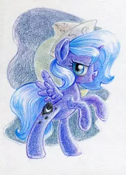 Size: 500x694 | Tagged: artist:maytee, cartographer's cap, derpibooru import, female, filly, hat, princess luna, rearing, safe, solo, traditional art, woona, younger