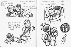 Size: 2902x1911 | Tagged: safe, artist:bobthedalek, derpibooru import, oc, oc:mixed melody, oc:octavia's father, oc:octavia's mother, oc:ostinato melody, unofficial characters only, earth pony, pony, bed, book, clothes, coffee, cutie mark, monochrome, musical instrument, pajamas, sunglasses, sweater, tuba, unamused