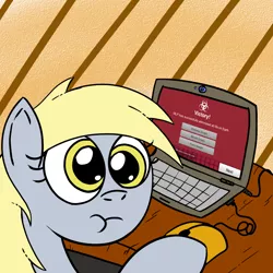 Size: 1000x1000 | Tagged: safe, artist:mysterywhiteflame, derpibooru import, derpy hooves, pony, :t, computer, game, i just don't know what went wrong, laptop computer, looking at you, looking back, plague inc evolved, plague inc:evolved, solo