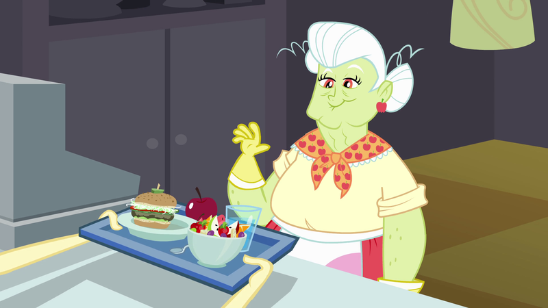 Size: 1920x1080 | Tagged: safe, derpibooru import, screencap, fluttershy, granny smith, equestria girls, equestria girls (movie), apple, food, fruit salad, lunchlady smith, salad