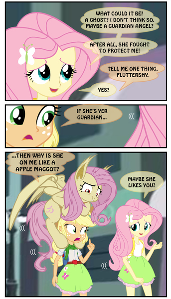 Size: 949x1659 | Tagged: safe, artist:ponymaan, derpibooru import, applejack, fluttershy, bat pony, pony, comic:by skywalker's hand, comic:lyra-lyra's bizarre adventure, equestria girls, friendship games, rainbow rocks, bat ponified, comic, flutterbat, hat, human ponidox, race swap, self ponidox, stand