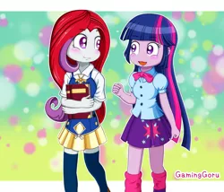 Size: 1500x1281 | Tagged: safe, artist:gaminggoru, derpibooru import, idw, moondancer, moondancer (g1), twilight sparkle, twilight sparkle (alicorn), alicorn, equestria girls, blushing, book, equestria girls-ified, g1, g1 to g4, generation leap, signature, zettai ryouiki