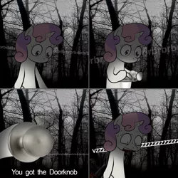 Size: 2000x2000 | Tagged: cry of fear, derpibooru import, doorknob, exploitable meme, lantern, meme, obligatory pony, sawrunner, semi-grimdark, sweetie belle, sweetie's note meme