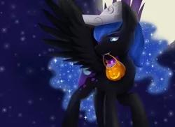 Size: 1024x745 | Tagged: artist:megablack0x, candy, cartographer's cap, derpibooru import, food, halloween, hat, holiday, jack-o-lantern, moon, mouth hold, night, nightmare moon, nightmare night, pumpkin, pumpkin bucket, safe, solo