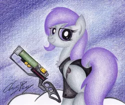 Size: 1024x859 | Tagged: suggestive, artist:thechrispony, derpibooru import, oc, oc:morning glory (project horizons), unofficial characters only, pegasus, pony, fallout equestria, fallout equestria: project horizons, fanfic, bedroom eyes, black underwear, branding, butt, clothes, dock, energy weapon, fanfic art, female, gun, hooves, laser rifle, looking at you, magical energy weapon, mare, panties, plot, seductive, solo, traditional art, underwear, weapon, wings