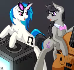 Size: 1280x1200 | Tagged: safe, artist:grimdark-graveyeard, derpibooru import, octavia melody, vinyl scratch, bow (instrument), bowtie, cello, cello bow, female, lesbian, musical instrument, scratchtavia, shipping, turntable