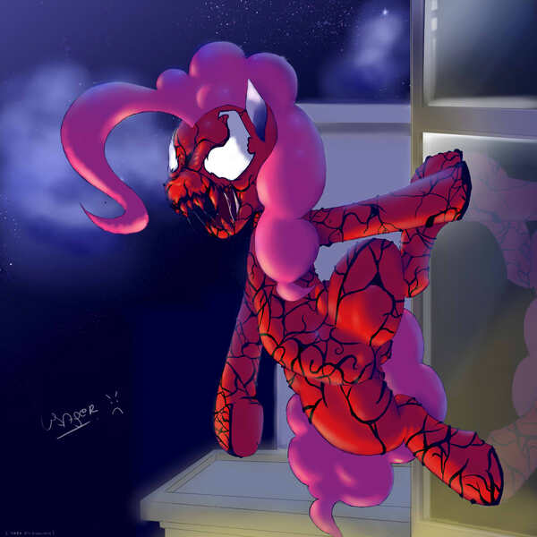 Size: 2000x2000 | Tagged: artist:usager, carnage, derpibooru import, marvel, pinkie pie, safe, solo, spider-man, symbiote, we're doomed