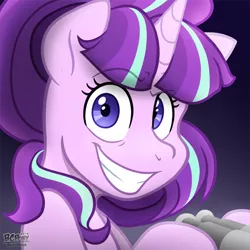 Size: 540x540 | Tagged: safe, artist:bcpony, derpibooru import, starlight glimmer, pony, unicorn, what about discord?, binoculars, bust, dreamworks face, evil grin, female, grin, hoof hold, looking at you, mare, raised eyebrow, signature, smiling, snaplight glimmer, solo, soon, starlight stalker, wide eyes