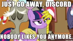 Size: 610x343 | Tagged: safe, derpibooru import, discord, twilight sparkle, twilight sparkle (alicorn), alicorn, pony, what about discord?, annoyed, caption, dialogue, female, image macro, mare, meme, text