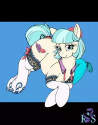 Size: 3327x4253 | Tagged: absurd resolution, artist:longinius, artist:theoneamongothers, clothed ponies, clothes, coco pommel, colored, derpibooru import, edit, female, lingerie, pillow, seductive look, series:rarity's secret, solo, solo female, stockings, stupid sexy coco pommel, suggestive, tail wrap, thigh highs