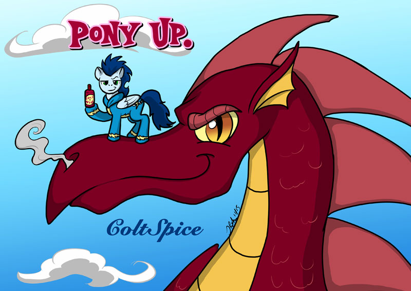 Size: 800x566 | Tagged: safe, artist:the_gneech, derpibooru import, basil, soarin', dragon, pegasus, pony, colt spice, commercial, male, old spice, parody, smiling, smirk, stallion