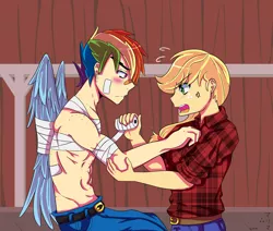 Size: 1280x1083 | Tagged: safe, artist:marima15, derpibooru import, applejack, rainbow dash, human, appleblitz (straight), appledash, bandage, barn, belt, blushing, clothes, concerned, female, half r63 shipping, humanized, jeans, lesbian, male, pants, plaid shirt, rainbow blitz, rule 63, scolding, shipping, shirt, straight, sweet apple acres, winged humanization, wings, worried