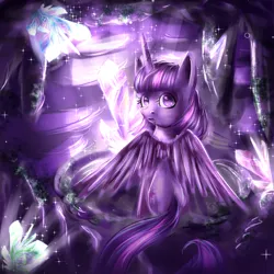 Size: 1000x1000 | Tagged: safe, artist:karmamoonshadow, derpibooru import, twilight sparkle, twilight sparkle (alicorn), alicorn, pony, female, looking back, mare, sitting, solo, spread wings, wings