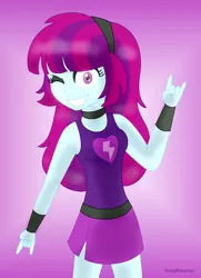 Size: 880x1216 | Tagged: safe, artist:a-r-i-a-1997, derpibooru import, mystery mint, equestria girls, alternate costumes, background human, clothes, devil horn (gesture), headband, one eye closed, rocker, skirt, solo, tanktop, wink, wristband