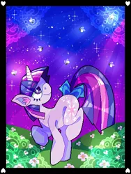 Size: 426x567 | Tagged: artist:sluggy-slimes, bow, derpibooru import, firefly (insect), flower, insect, looking up, oekaki, safe, solo, tail bow, twilight sparkle