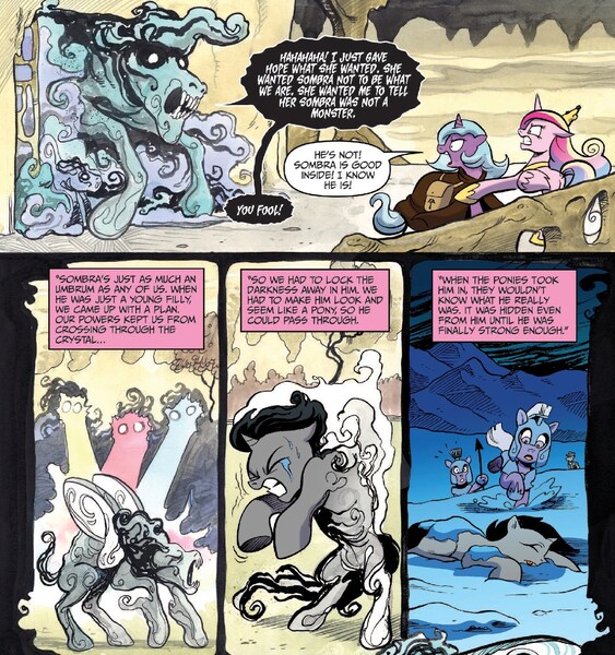 Size: 1375x1466 | Tagged: safe, artist:andypriceart, derpibooru import, idw, king sombra, observer (character), princess cadance, rabia, radiant hope, alicorn, pony, umbrum, unicorn, siege of the crystal empire, spoiler:comic, spoiler:comic36, armor, cloak, clothes, colt, comic, crystal guard, crystal guard armor, epic fail, error, fail, female, male, mare, official comic, september, transformation, when you see it, you had one job, you know for kids