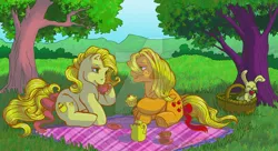 Size: 900x491 | Tagged: animal, apple, applejack, applejack (g1), artist:sandraugiga, crumpet, crumpetbetes, cute, derpibooru import, food, g1, jackabetes, nature, picnic blanket, rabbit, safe, tea