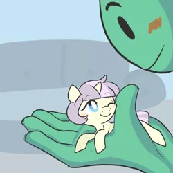 Size: 1000x1000 | Tagged: safe, artist:mt, derpibooru import, oc, oc:anon, oc:tea party, unofficial characters only, human, pony, blushing, cute, holding a pony, in goliath's palm, micro, nuzzling, one eye closed, petting, prone, smiling, wink