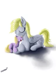 Size: 2000x2600 | Tagged: safe, artist:sa1ntmax, derpibooru import, derpy hooves, dinky hooves, pegasus, pony, cute, equestria's best daughter, equestria's best mother, eyes closed, female, mare, prone
