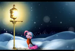 Size: 4800x3300 | Tagged: safe, artist:captainpudgemuffin, derpibooru import, pinkie pie, earth pony, pony, absurd resolution, clothes, comfy, cute, diapinkes, female, hat, hearth's warming eve, houses, lamppost, lineless, mare, snow, snowfall, solo, sweater, turtleneck, winter