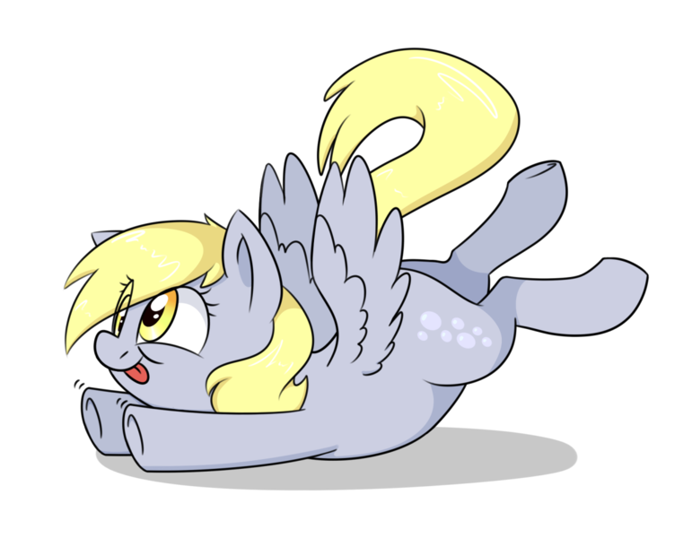 Size: 1280x996 | Tagged: safe, artist:notenoughapples, derpibooru import, derpy hooves, pegasus, pony, cute, derpabetes, female, flop, i just don't know what went wrong, mare, simple background, solo, stretching, tongue out, transparent background