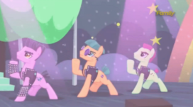 Size: 674x376 | Tagged: safe, derpibooru import, screencap, disco fever, limelight, new wave (character), smooth move, spectrum shades, turbo bass, earth pony, pony, the mane attraction, animated, background dancers, dancing, discovery family logo, male, seizure warning, stallion