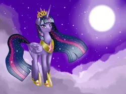 Size: 811x602 | Tagged: safe, artist:nevera573, derpibooru import, twilight sparkle, twilight sparkle (alicorn), alicorn, pony, cloud, ethereal mane, female, mare, moon, night, older, older twilight, solo, starry mane, ultimate twilight