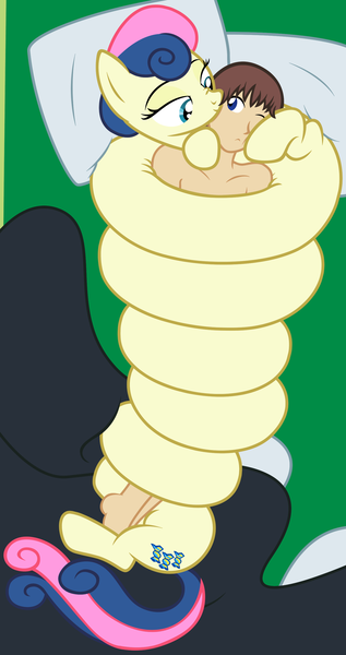Size: 1517x2873 | Tagged: safe, artist:badumsquish, derpibooru import, bon bon, sweetie drops, oc, oc:generic messy hair anime anon, human, pony, :<, bed, bedroom eyes, coils, constriction, cuddling, female, human on pony snuggling, long pony, longbon, male, nuzzling, one eye closed, scrunchy face, smiling, snuggling, surprised, wat, wink